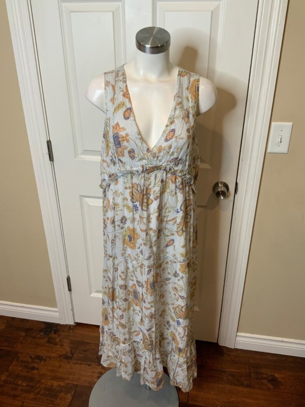Rachel Zoe Light Blue Orange Boho Floral Sleeveless Midi Dress, Size L